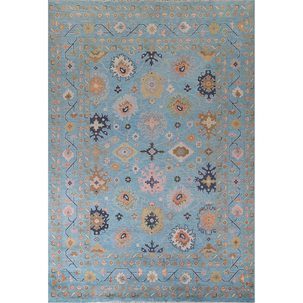 All-Over Blue Floral Oushak Indian Area Rug Handmade Wool Carpet - 8'9"x 12'0"