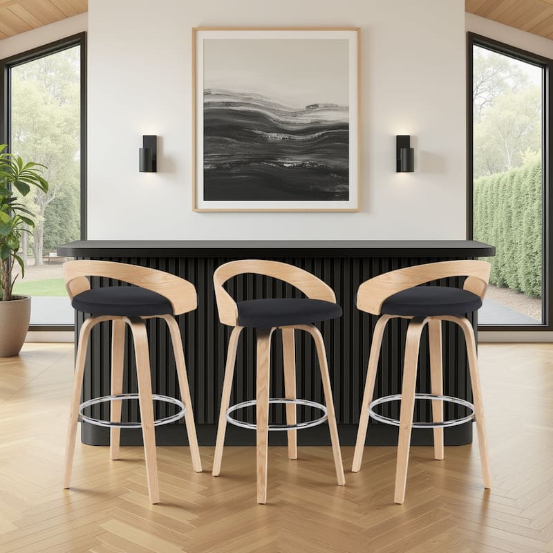 Carson Carrington Solavagen Mid-Century Modern Swivel Counter or Bar Stool - Black Fabric & Oak - Bar Height - Set of 3