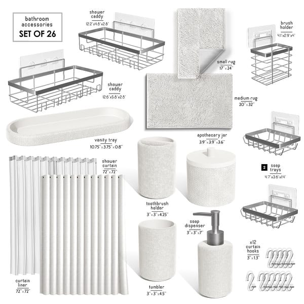 Empyrean Complete Bathroom Accessories Set Shower Curtain, Bath Rugs & Shower Caddies - Complete Set + Bath Rugs + Shower Caddy - White