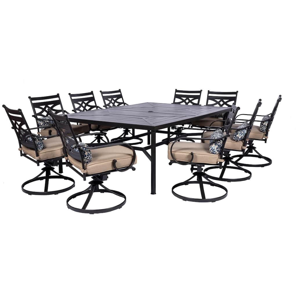 Hanover Montclair 11-Piece Dining Set in Tan with 10 Swivel Rockers and a 60-In. x 84-In. Table
