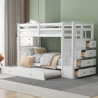 Solid Pine Bunk Bed with Trundle and Storage Staircase