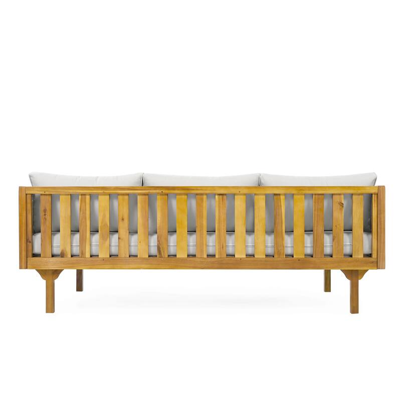Acacia Wood Daybed with Rattan Arms Slat Paneling and Water Resistant Cushions