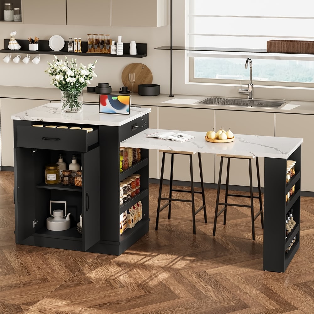 Anmytek Black Expandable Kitchen Island Cart with Marble Top - Rolling Kitchen Storage with Extendable Table and Spice Rack