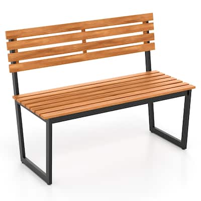 Gymax Outdoor Bench Acacia Wood Patio Loveseat w/ Backrest & Heavy