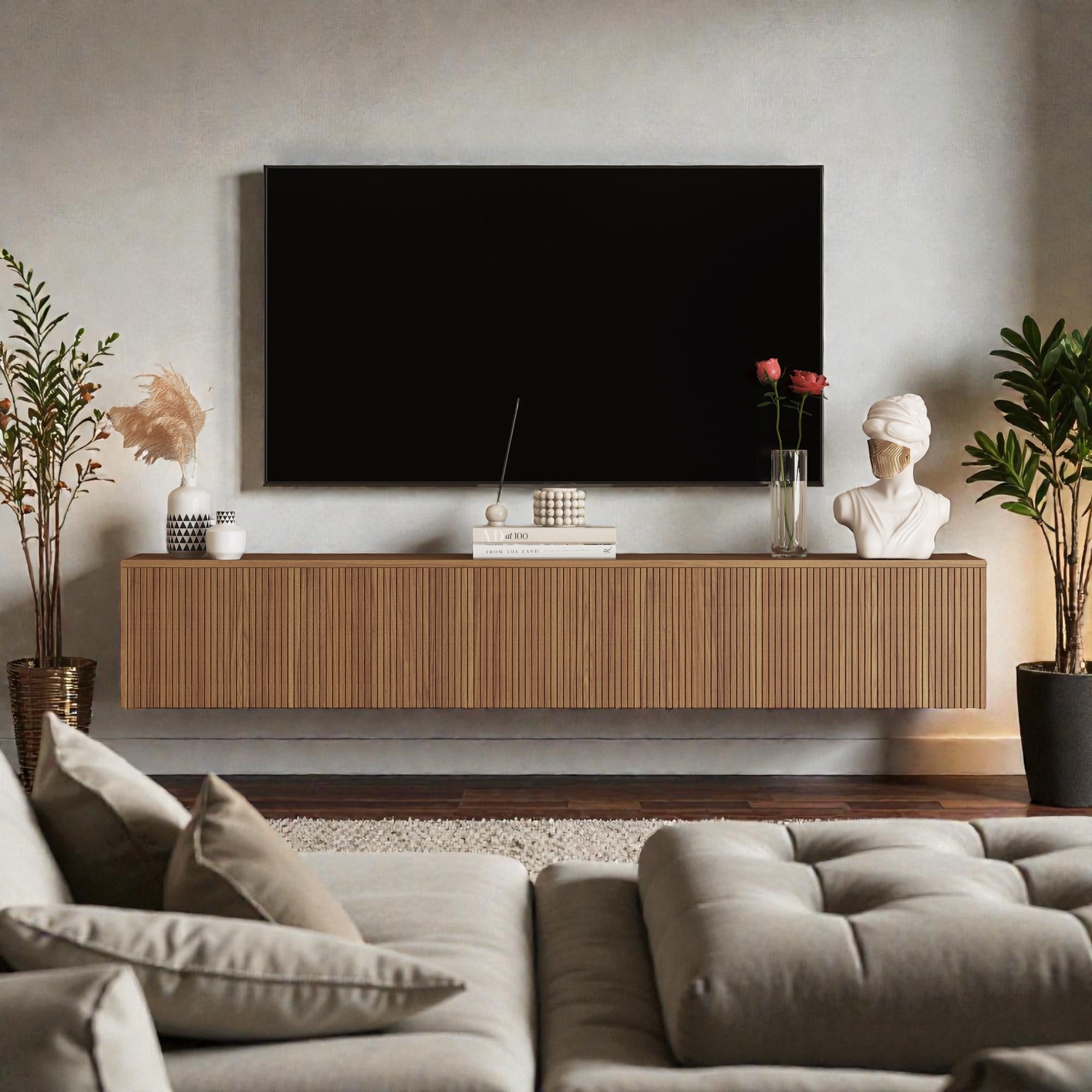 69" Floating TV Stand Wall Mounted with 16 Color LED Lights, Modern TV Cabinet for 55-65 Inch TVs