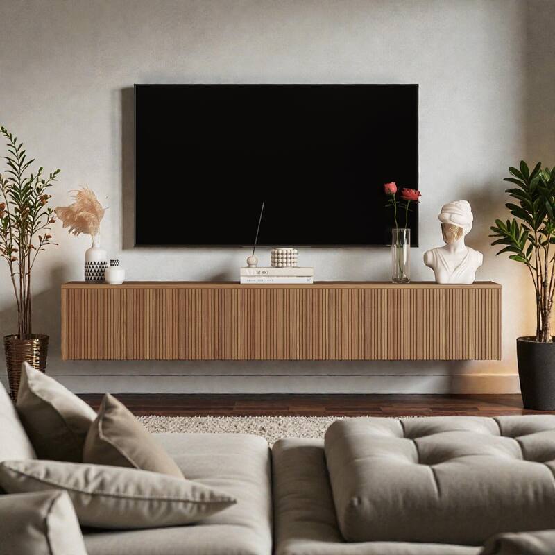 69" Floating TV Stand Wall Mounted with 16 Color LED Lights, Modern TV Cabinet for 55-65 Inch TVs - Brown