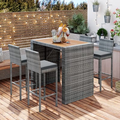 5 Pcs Outdoor Rattan Dining Table and Chairs Set, Patio Conversation Furniture Sets with Height Table and 4 Chairs