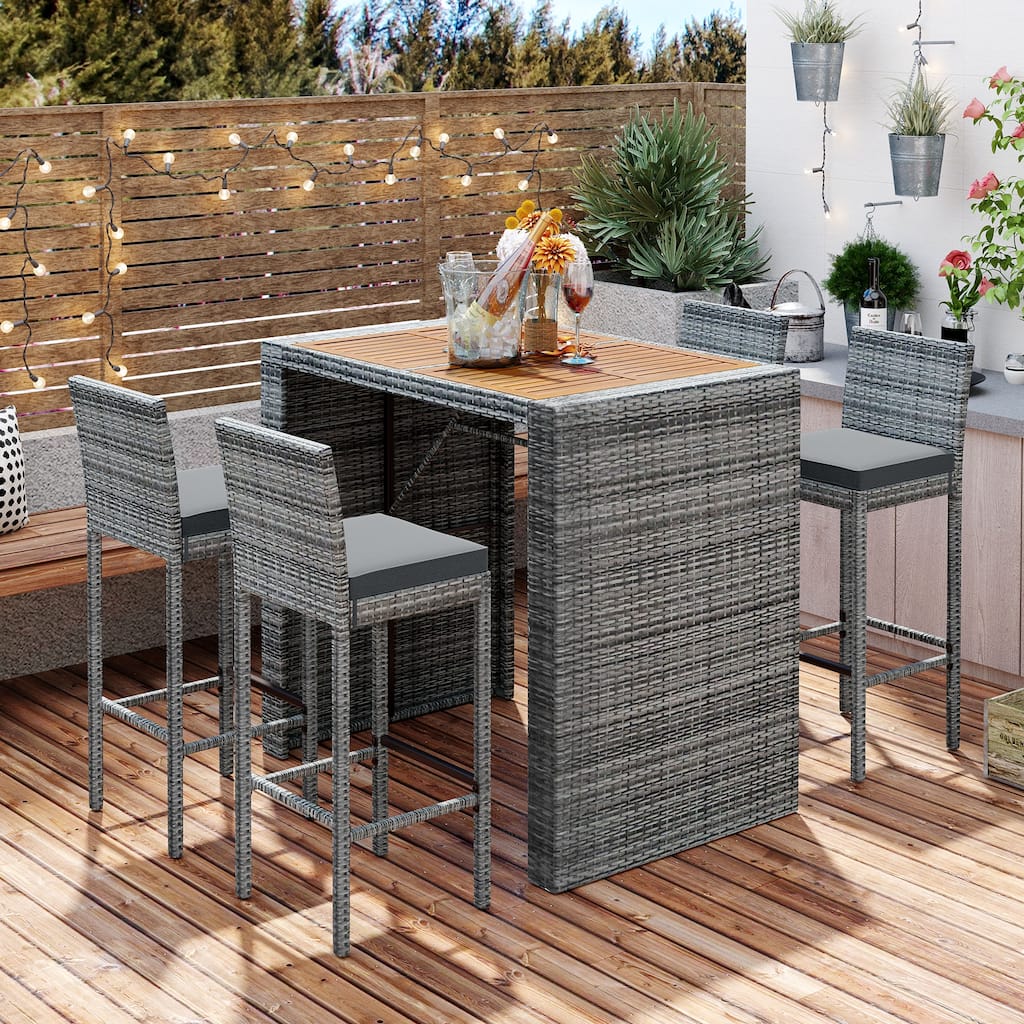 Roomfitters 5-Piece Outdoor Bar Set with High Top Wood Slat Table and 4 Wicker Bar Stools, All-Weather, Gray