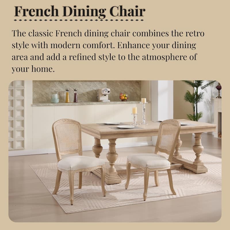 Rattan Dining Chairs Set of 2, Kitchen Side Chairs with Fan Shaped Back, Upholstered Dining Chair with Solid Wood Legs - Beige