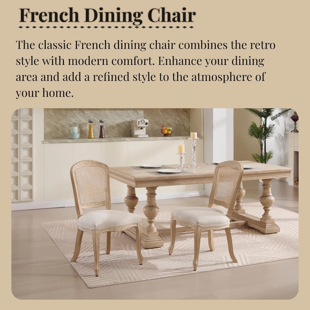 Rattan Dining Chairs Set of 2, Kitchen Side Chairs with Fan Shaped Back, Upholstered Dining Chair with Solid Wood Legs