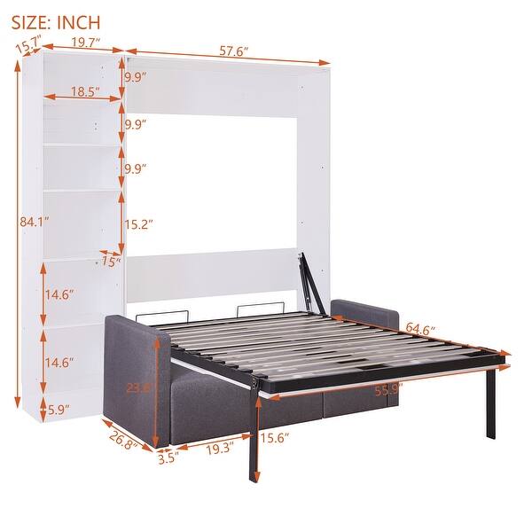 Full Size Murphy Bed with Shelves, Wall Bed with Sofa, for Home Office