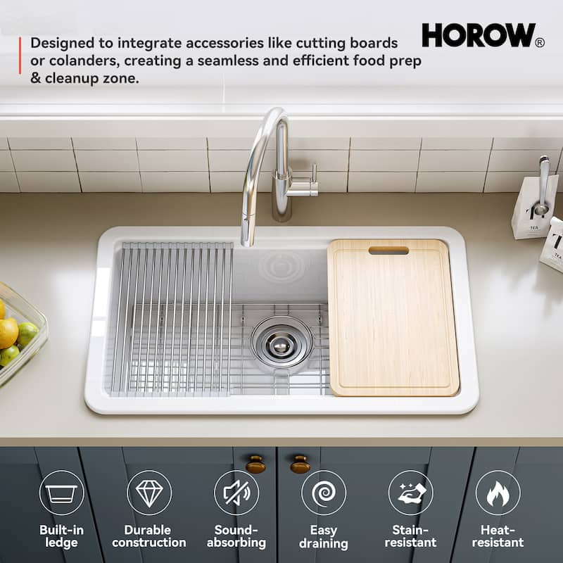 HOROW 33 in. Drop-In Single Bowl Ceramic White Kitchen Sink Standard and Bottom Grid, Drain Assembly, Cutting Board