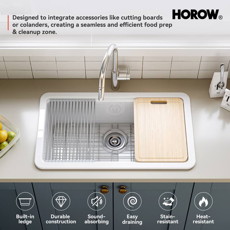 HOROW 33 in. Drop-In Single Bowl Ceramic White Kitchen Sink Standard and Bottom Grid, Drain Assembly, Cutting Board