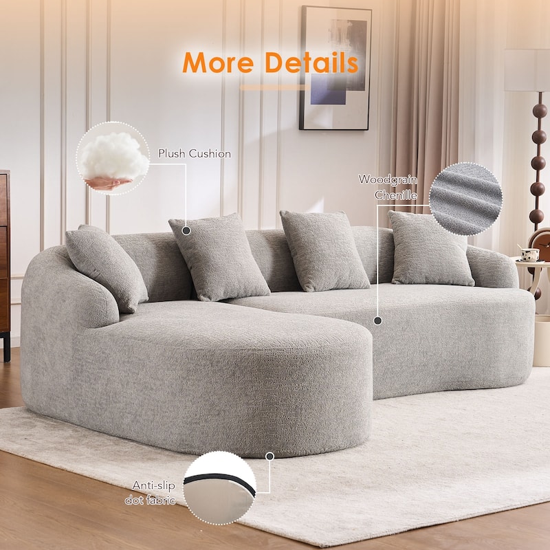 98.8" Boneless L-Shaped Sectional Sofa with Curved Chaise, Modular Chenille Compression Couch with 30D Foam for Living Room