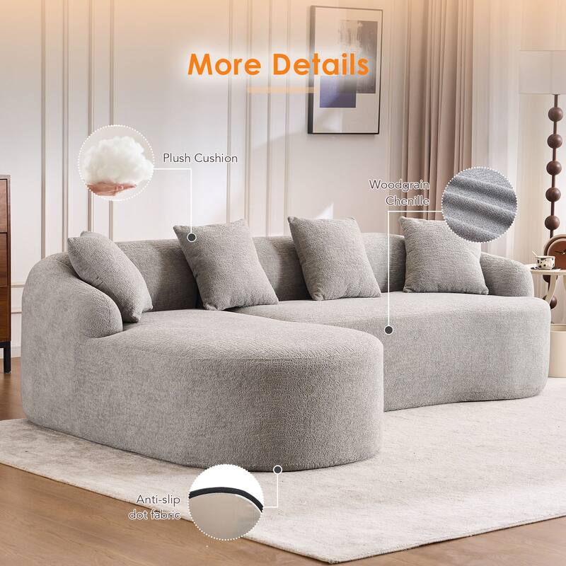 L-Shaped Sectional Sofa with Curved Chaise, Chenille Boneless Cloud Sofa, Modular 4-Seater Sofa with 4 Throw Pillows