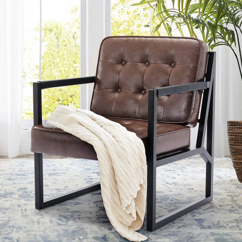 Leather Accent Chair, Accent Arm Chair Comfy Armchair with Metal Legs - Set of 1