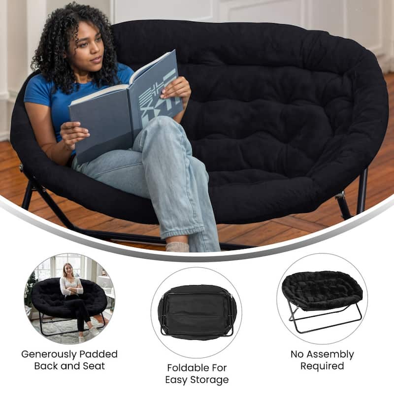 Folding Synthetic Fur Double Saucer Chair with Steel Frame - 27.5"D x 55.5"W x 33.5"H