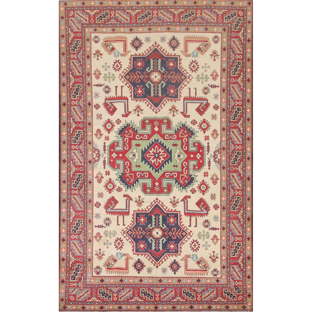 Hand Knotted Oriental 100% Wool Carpet Traditional Geometric Beige & Ivories Kazak Area Rug - 9' 10'' X 6' 5''