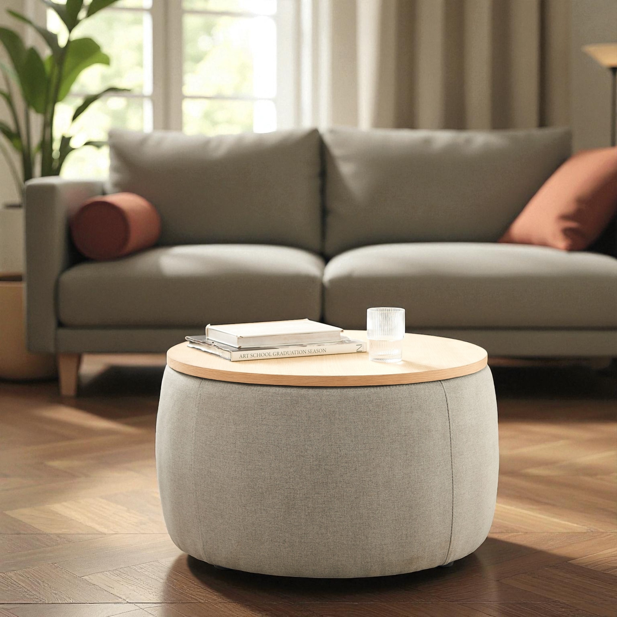 Round Storage Ottoman with Removable Lid and Oak Veneer Top, Footstool and End Table Combo, 25.5'' - MDF