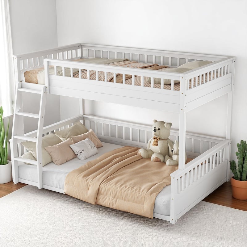 Convertible Twin XL Over Queen Size Bunk Bed with Safety Rails, Ladder and Wood Slats, No Box Spring Needed
