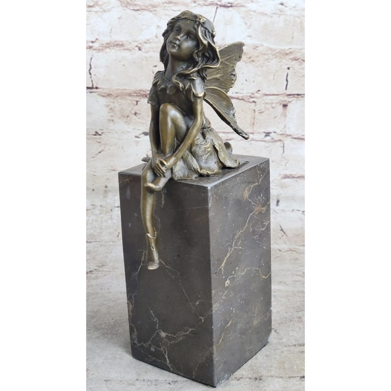 Young Child Winged Fairy Angel Bronze Sculpture Statue Figure On Marble Base