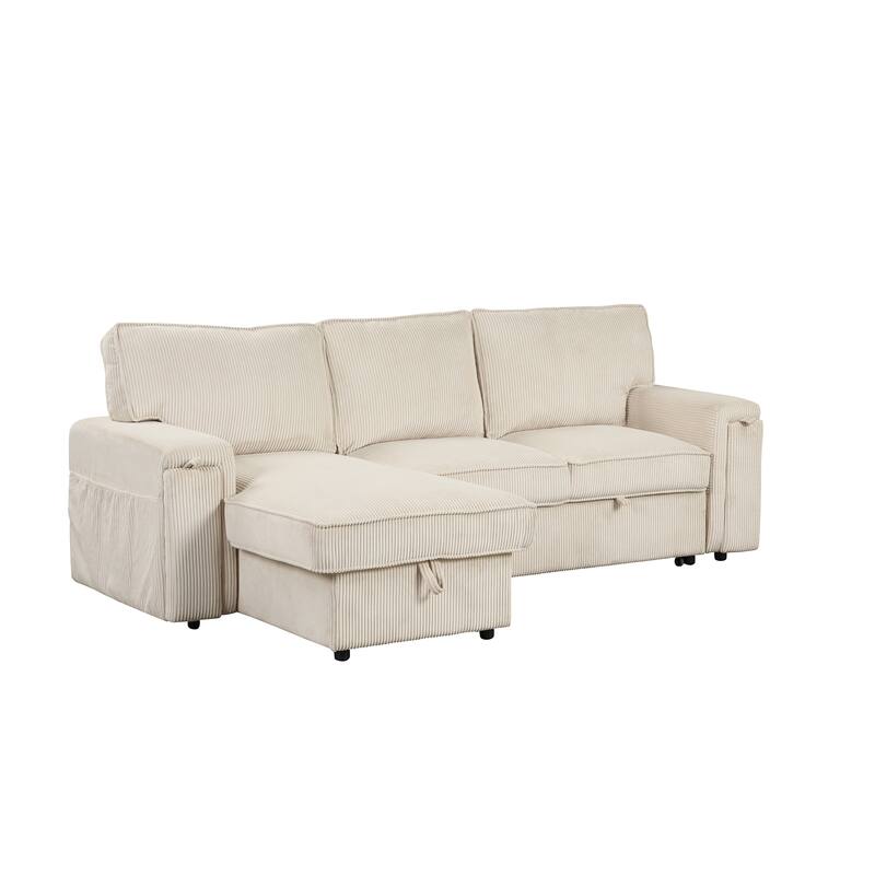 U_STYLE Upholstery Sleeper Sectional Sofa with Storage Bags and 2 cup holders on Arms