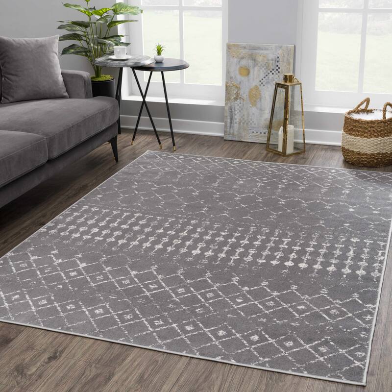 Tigris Tanu Moroccan Trellis Farmhouse Boho Area Rug - 5'3" x 7' - Black, Dark Grey