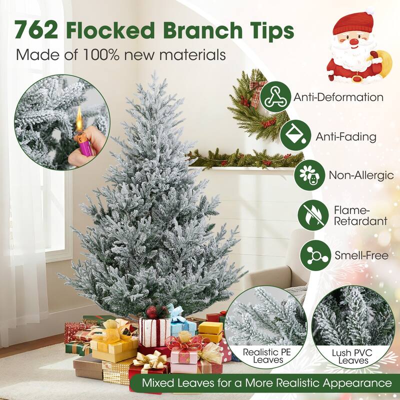 Costway 6/7/8 FT Artificial Christmas Tree with 762/1074/1470 Flocked - See Details - White & Green