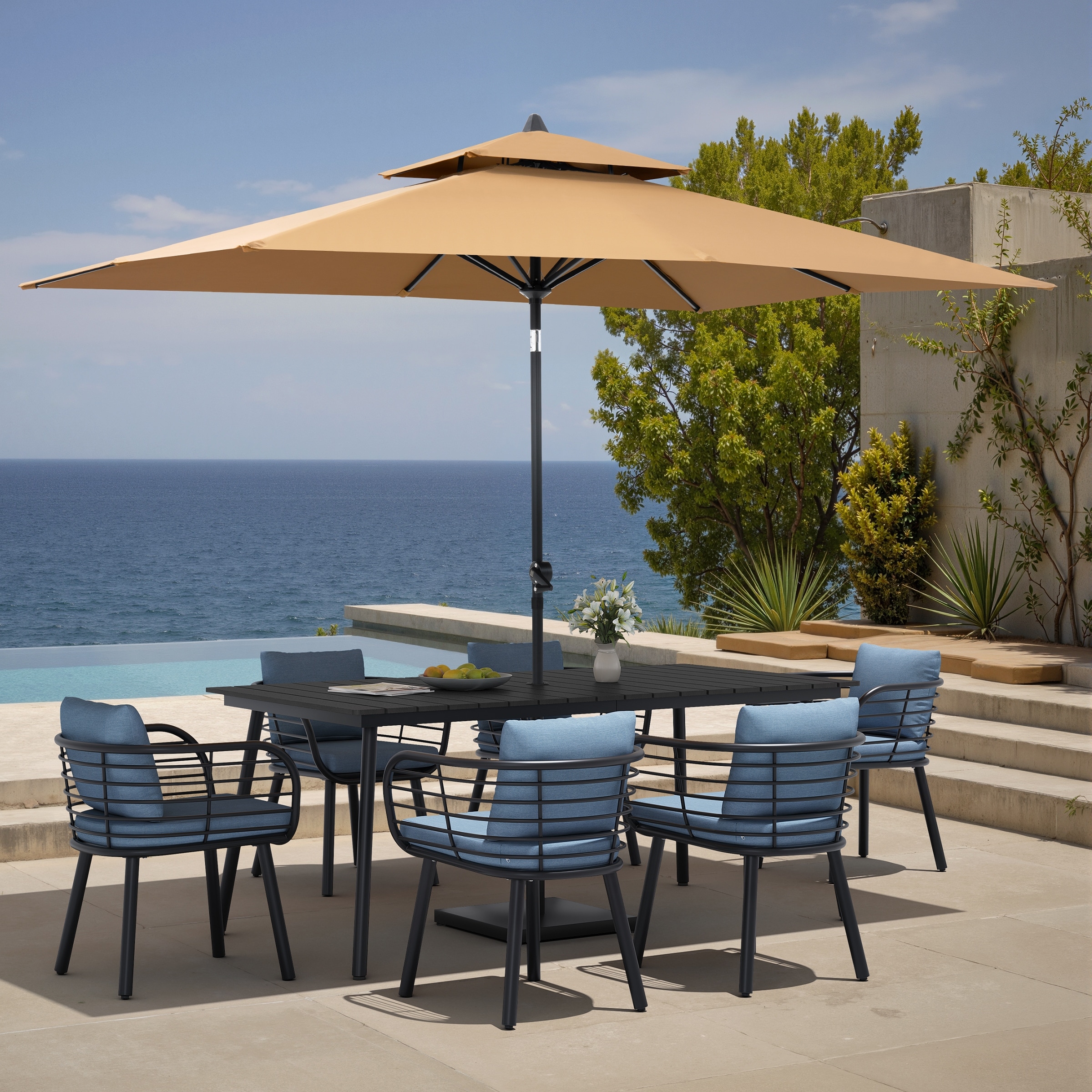 9PC Outdoor Patio Dining Set Aluminum Table with Sunbrella Cushion Chairs w/ Market Umbrella Sets