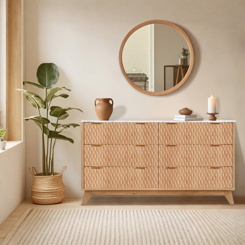 6 Drawer Wood Dresser with Faux Marble Top, 54" Wide Farmhouse Chest, Drip Pattern Design, - Natural