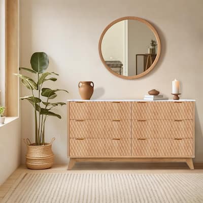 6 Drawer Wood Dresser with Faux Marble Top, 54" Wide Farmhouse Chest, Drip Pattern Design,