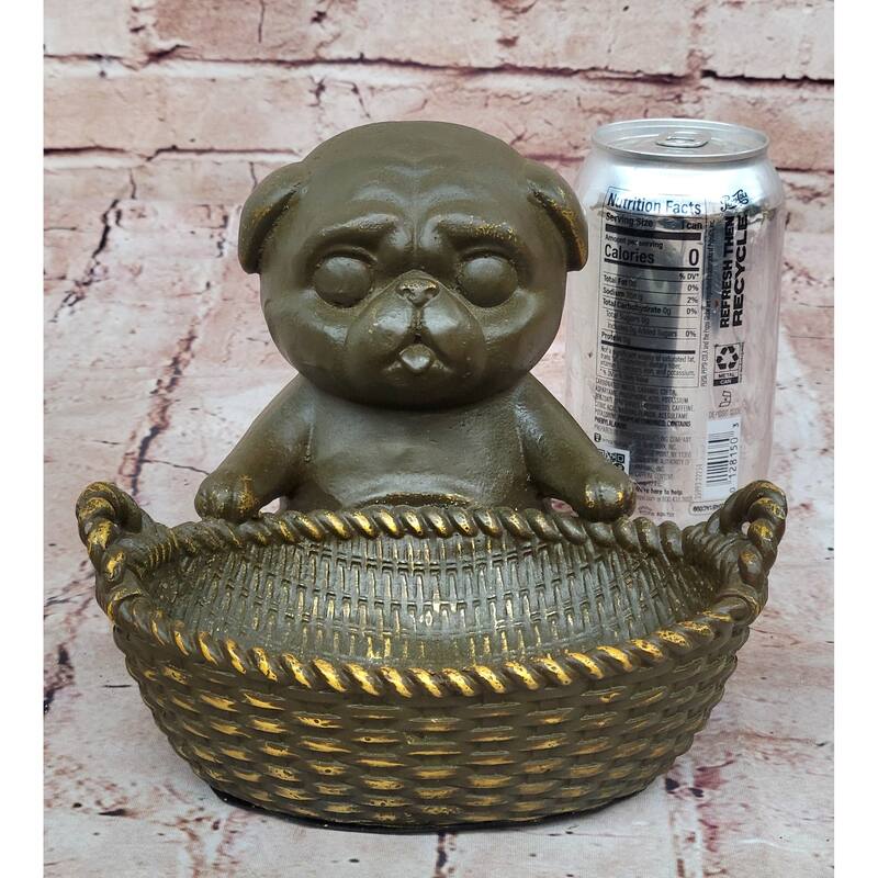 Bronze Pug In Basket Statue - Whimsical Imitative Dog Sculpture Decor