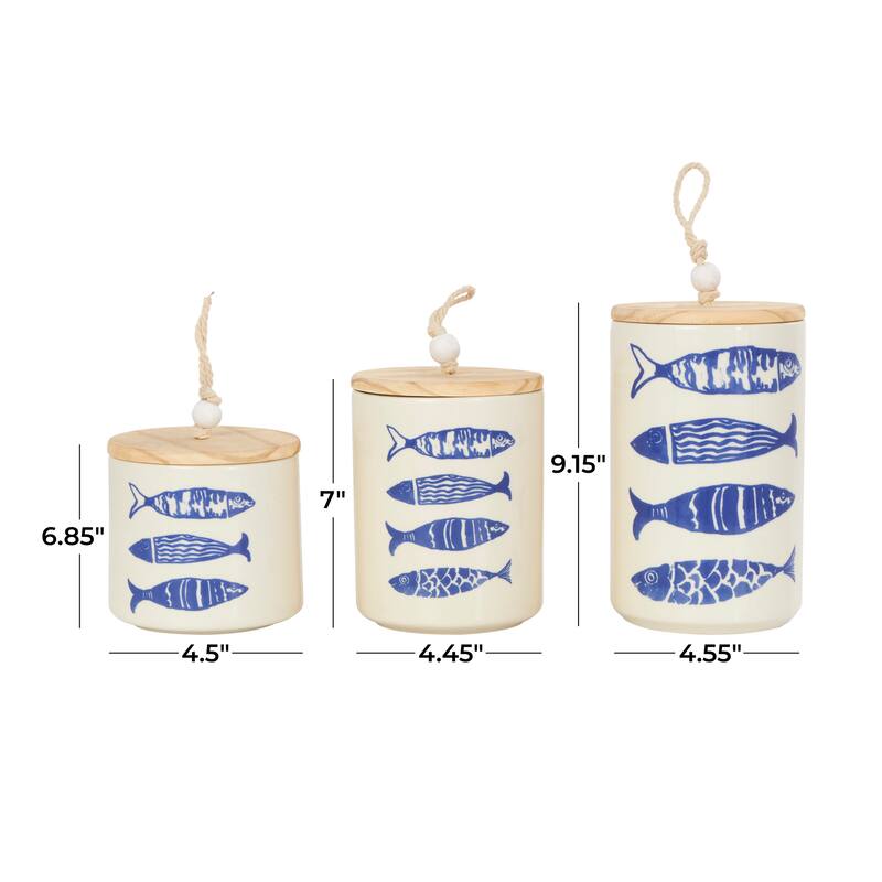 Cream or Blue Ceramic Canisters with Brown Wood Lids and Beaded Accents (Set of 3)