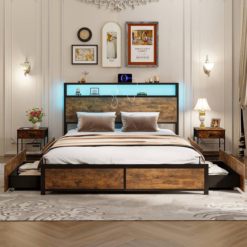 Gymax Full/Queen Industrial Platform Bed Frame with Storage Drawers &