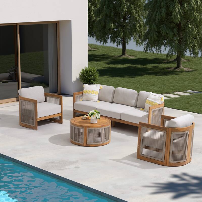 Outdoor 4-Piece Wooden Sofa Conversation Set With Cushions - Beige