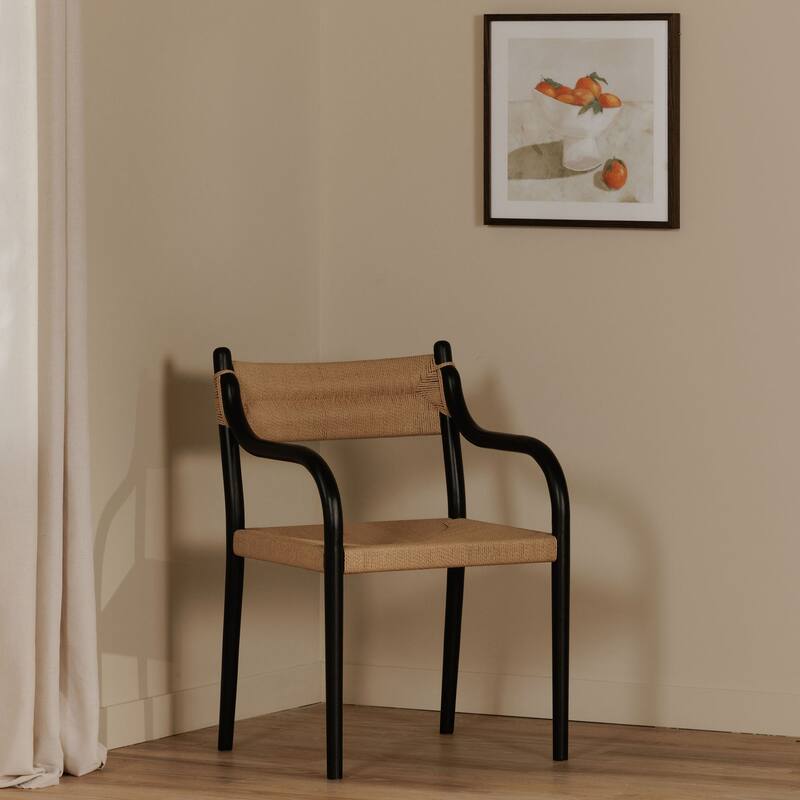 NADAAL STUDIOS Theren Dining Chair, Woven Paper Rope, Curved Arms, Solid Rubber Wood Frame, Black