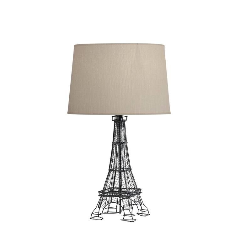 Black Acrylic Eiffel Tower Table Lamp with White Drum Shade and Rotary Switch - 15” x 15” x 25” (D x W x H)