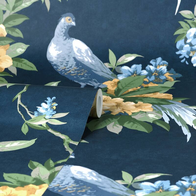 Brewster Golden Pheasant Dark Blue Floral Wallpaper