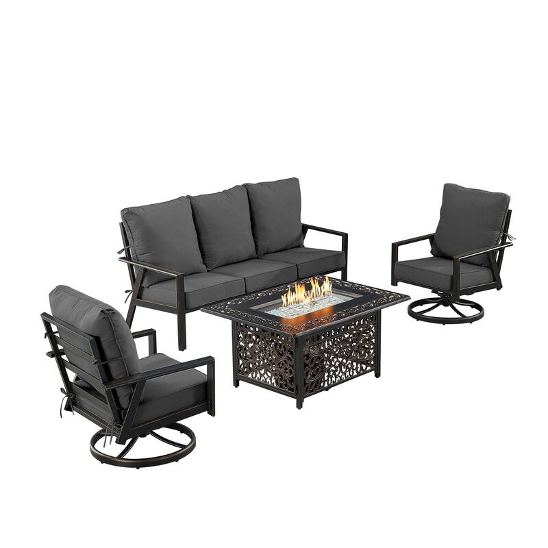 Black Aluminum Fire Table Set with Sofa and Two Club Chairs