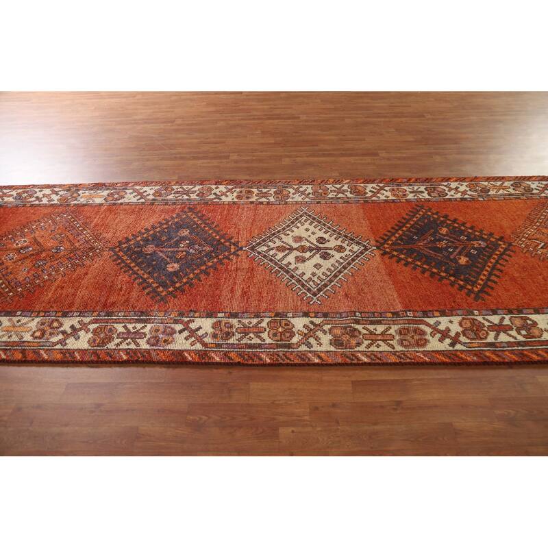 Geometric Qashqai Persian Vintage Runner Rug Handmade Wool Carpet - 4'5"x 13'3"