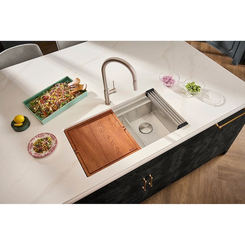Ruvati 33-inch Workstation Dual Tier Double Bowl Low Divide Undermount 16 Gauge Stainless Steel Kitchen Sink - 33" x 19″