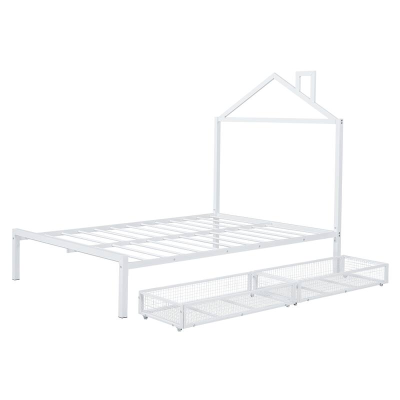 Full Size Metal Platform Bed with Two Drawers and House-Shaped Headboard