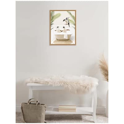 Kate and Laurel Sylvie Penguins in Palm Bathtub Framed Canvas by Amy Peterson