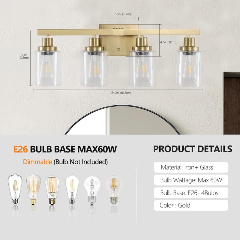 24" 4-Light Vanity Light with Clear Glass Shades, Modern Iron Metal Bathroom Wall Fixture for Mirror (No Bulbs)