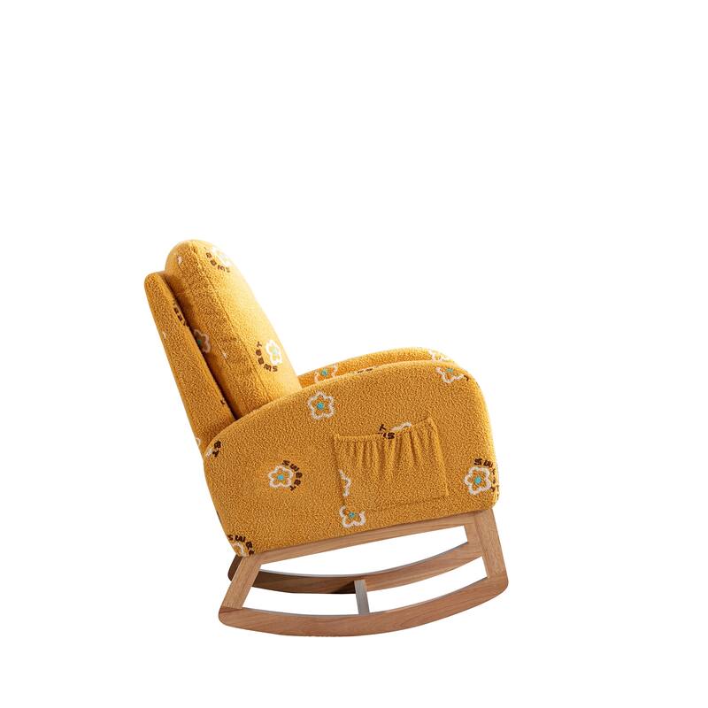 Mustard Modern 26.8" Upholstered High Back Rocking Chair With Side Pocket and Wood Frame