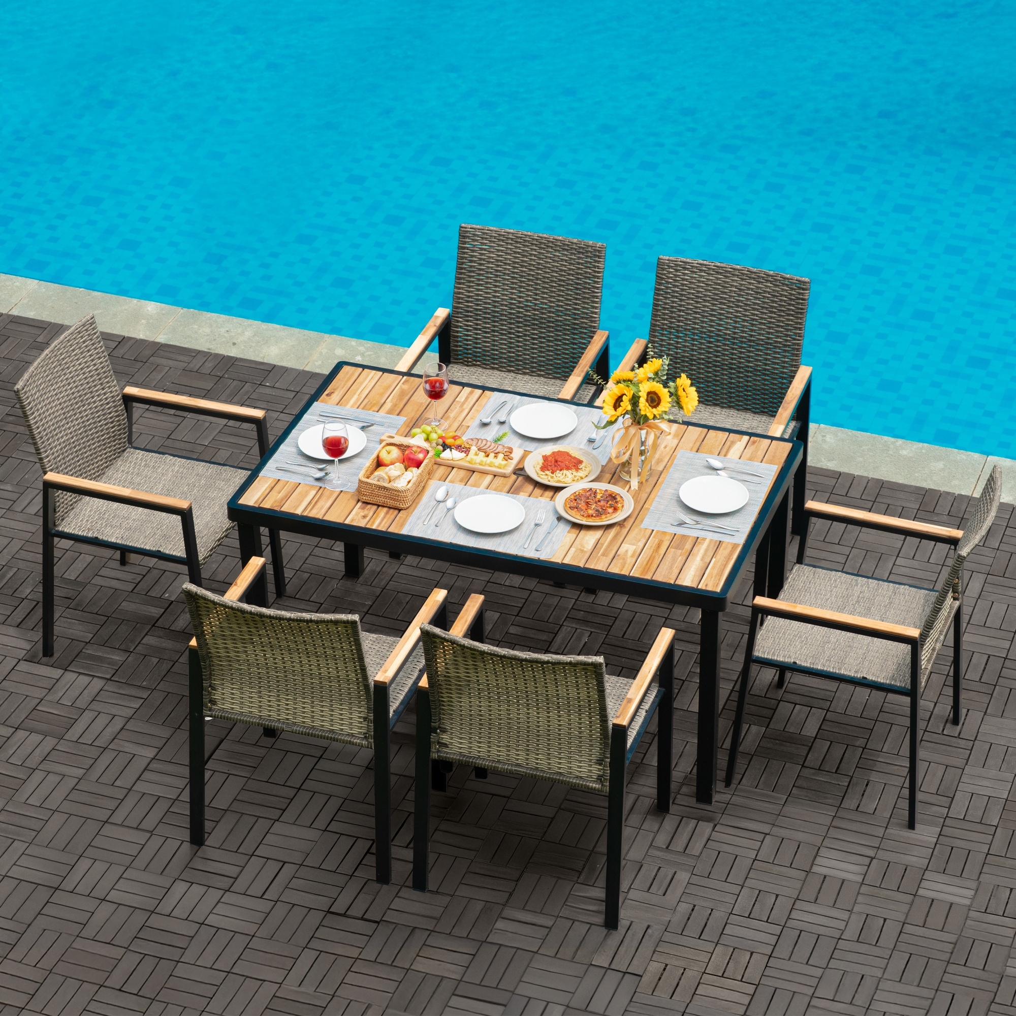 7-Piece All Weather Patio Dining Set, Rattan Chair & Acacia Wood Table with Umbrella Hole