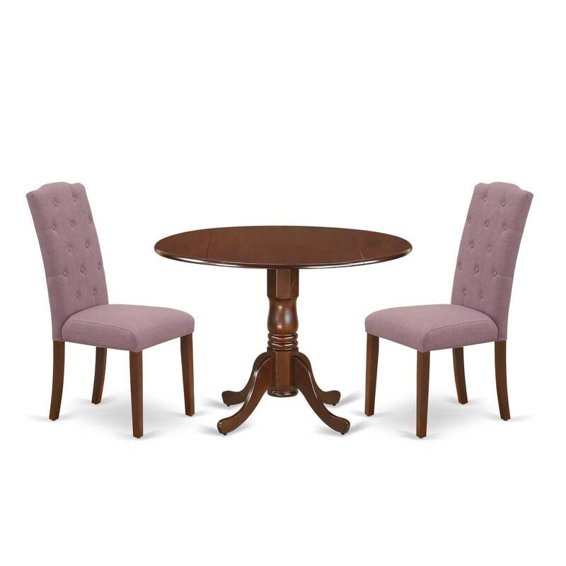 HomeStock 3-Piece Round Mahogany Finish Solid Wood Top Dining Table with 2-Parson Chairs with Drop Leaf