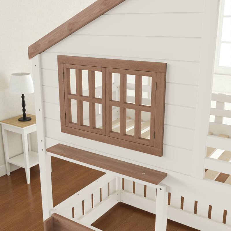 Twin/Full House Bunk Bed with Bookshelf, Safety Fence, Ladder and Loft Play Area, Wooden Kids Bed Frame