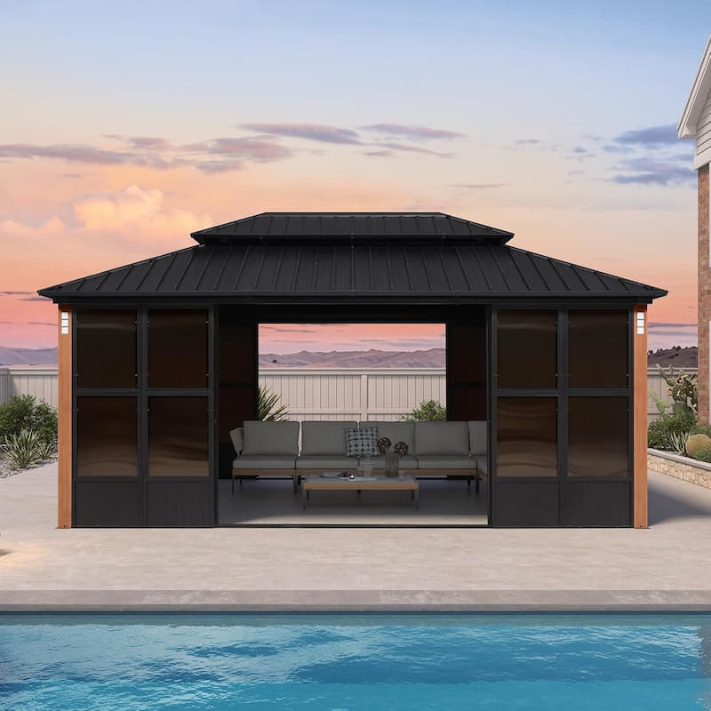 PURPLE LEAF Double Top Outdoor Wood Grain Sunroom All-Weather Screen House Patio Hardtop Gazebo - 12' x 18' - Sunroom