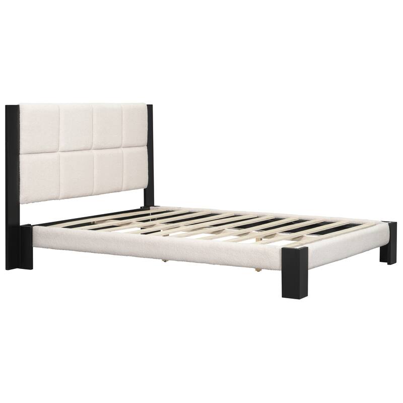 Roomfitters Queen Boucle Platform Bed Frame with Square-Stitched Headboard, Upholstered Mid-Century Modern Mattress Base, Beige